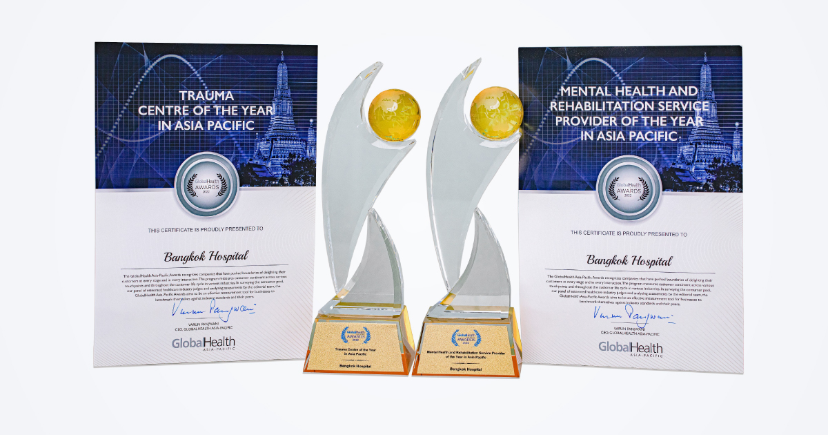 Bangkok Hospital won 2 international awards at The Global Health Asia-Pacific Awards as the ultimate in Asia-Pacific for emergency accidents and mental health.