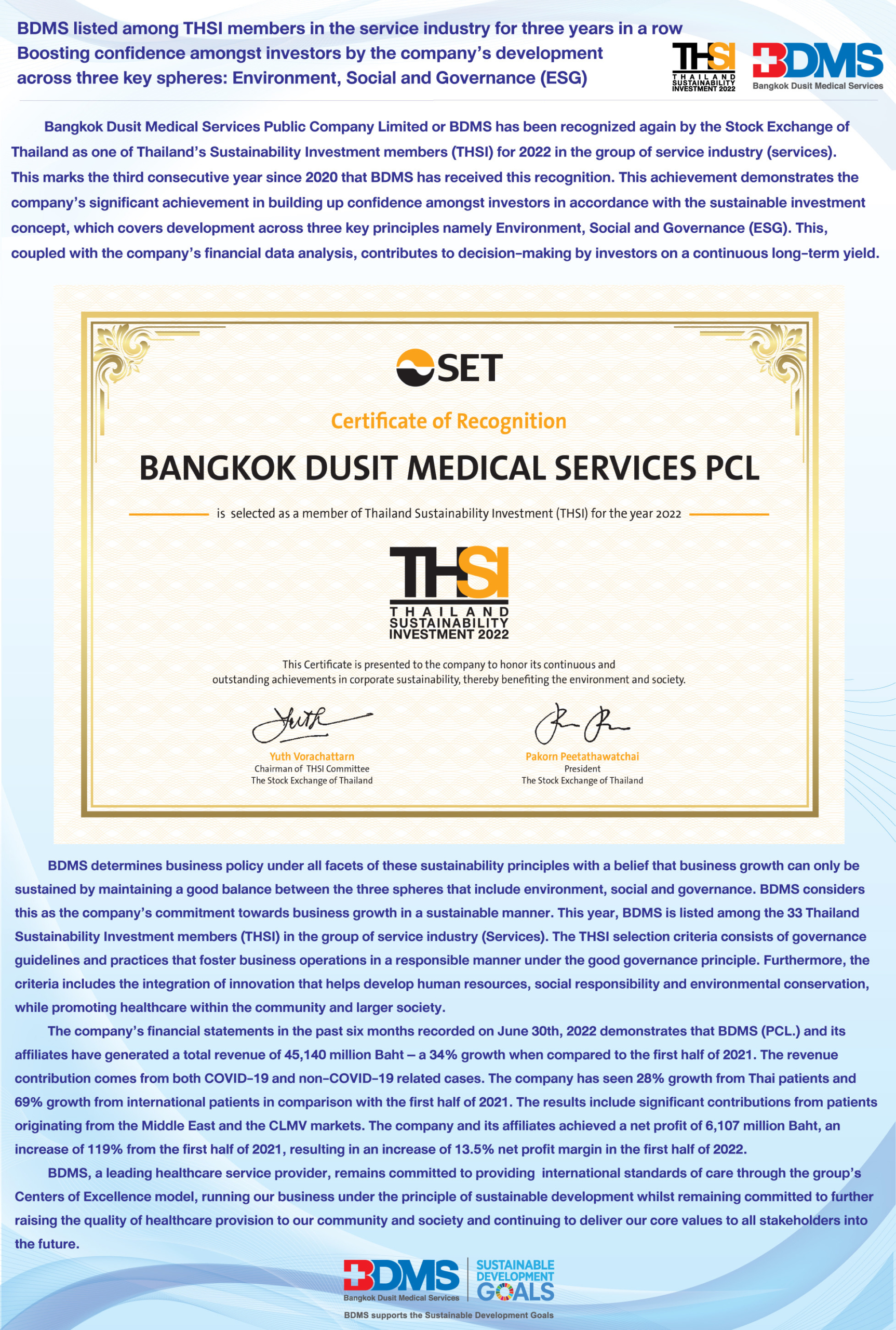 BDMS listed among Thailand Sustainability Investment (THSI) members in the service industry for three years in a row