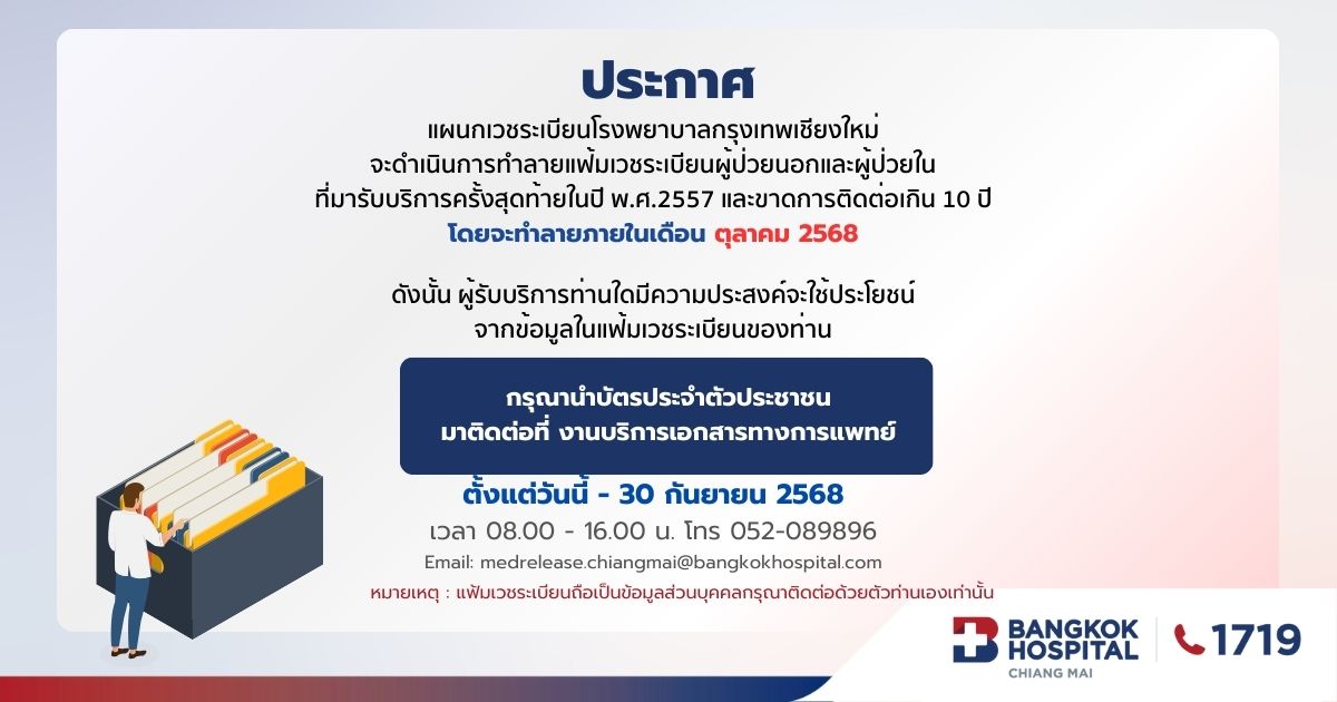 ประกาศการทำลายแฟ้มเวชระเบียนผู้ป่วยนอกและผู้ป่วยใน
