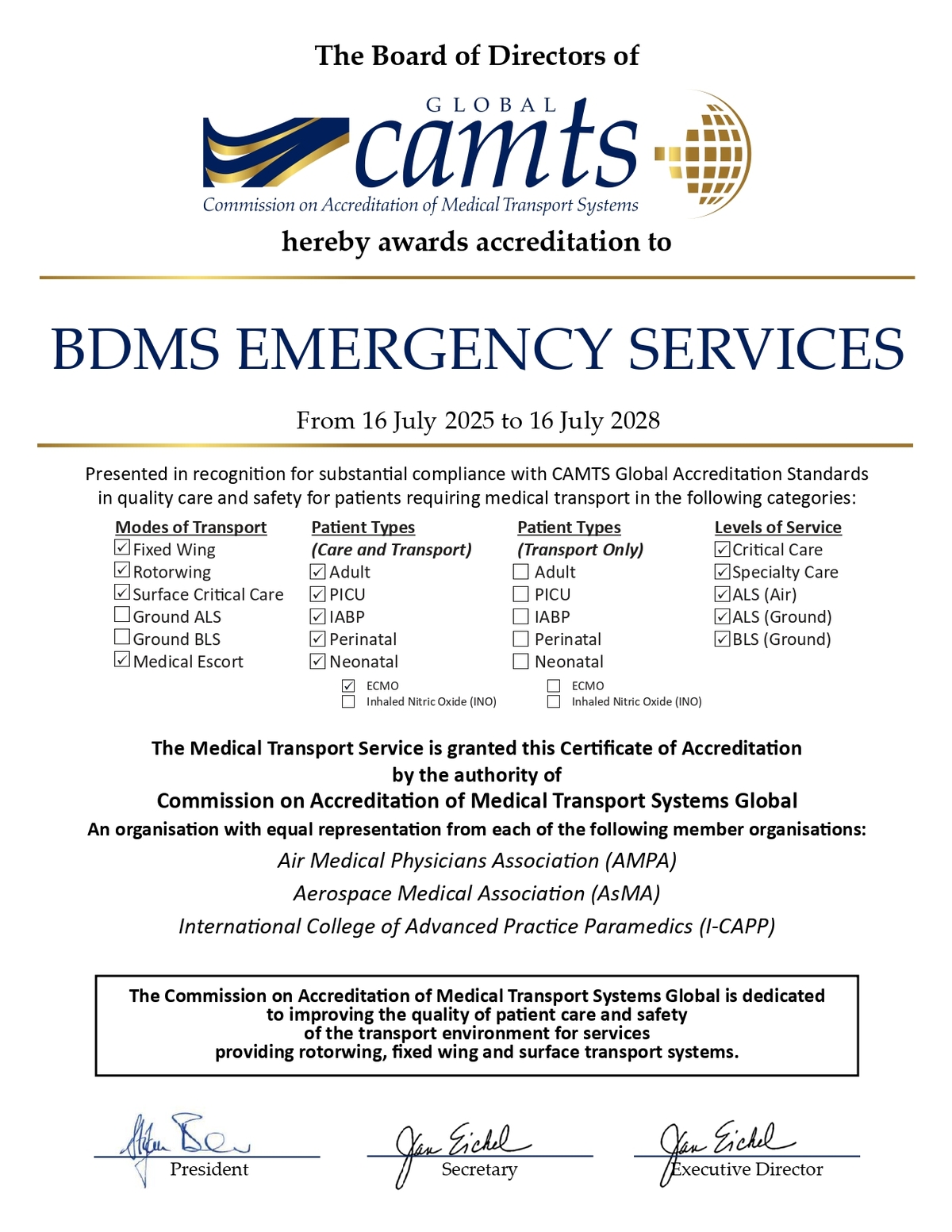 CAMTS รับรองคุณภาพ BDMS Emergency Services อย่างต่อเนื่องในปี 2025–2028