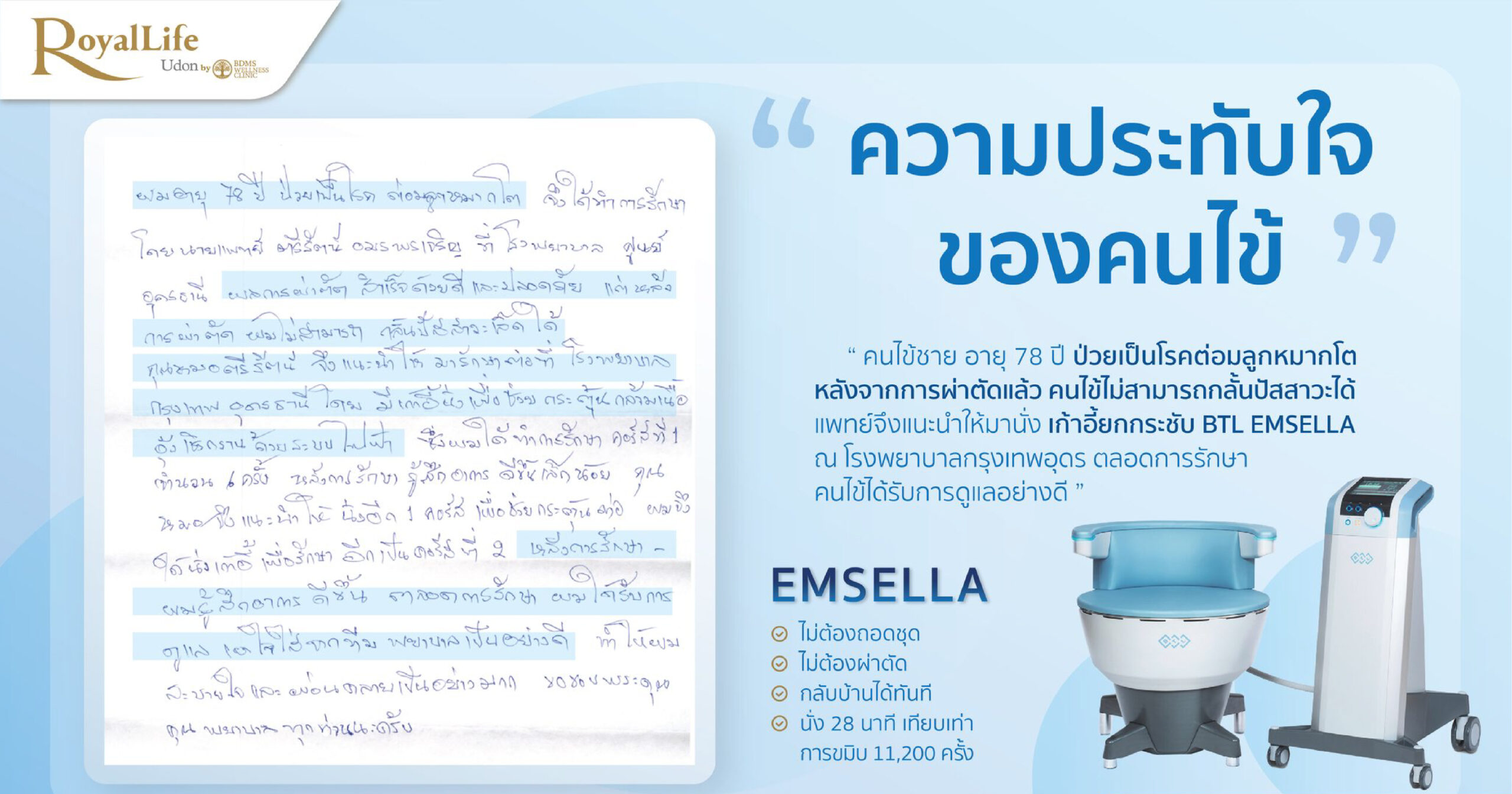 ความประทับใจผู้รับบริการ เก้าอี้ยกกระชับ BTL EMSELLA โรงพยาบาลกรุงเทพอุดร