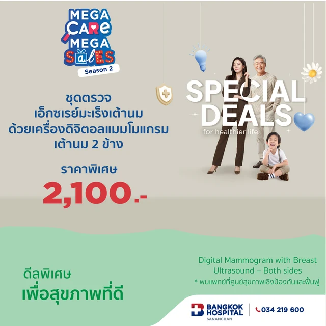 ชุดตรวจเอ็กซเรย์มะเร็งเต้านม ด้วยเครื่องดิจิตอลแมมโมแกรม พร้อมอัลตราซาวด์เต้านม 2 ข้าง